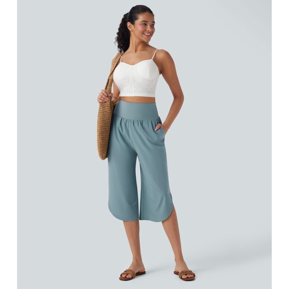 HALARA Teal Cropped Straight-Leg Pull-On Pants